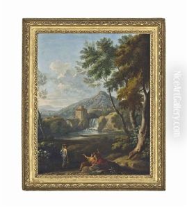 An Italianate River Landscape With Classical Figures Conversing, A Waterfall Beyond