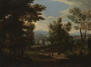 A Wooded Classical Landscape With Figures On A Path by Jan Frans van Bloemen