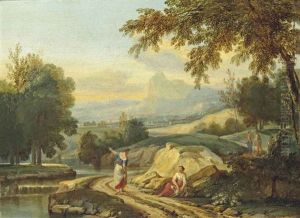 An Extensive River Landscape With Figures Conversing On A Bank, Mountains Beyond by Jan Frans van Bloemen