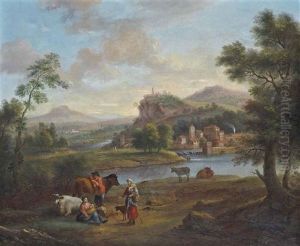 An Italianate River Landscape With Travellers At Rest