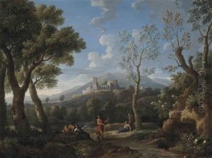 An Extensive Landscape With Classical Figures At Rest, A Hill-top Town Beyond