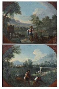 Pecheurs Dans Un Paysage De La Campagne Romaine (+ Deux Bergers Et Leur Troupeau Dans Un Paysage De La Campagne Romaine; Pair) by Jan Frans van Bloemen