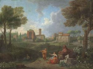 An Italianate Landscape With Figures Conversing By A Sphinx, A Town Beyond