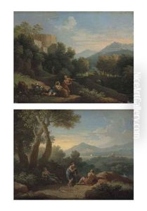 A Mountainous Italianate Landscape With Arcadian Figures Conversing On A Path, A Fortified Town Beyond And A Wooded Italianate Landscape (a Pair) by Jan Frans van Bloemen