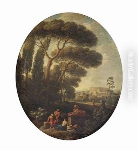 A Capriccio View Of Rome With The Colisseum And Classical Figures In The Foreground by Jan Frans van Bloemen