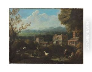 A Roman Landscape With The Arch Of Giano And San Giorgio Al Velabro With Figures And Animals