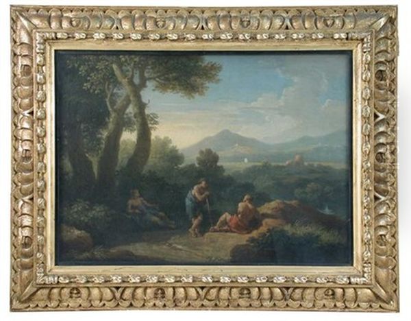 Travellers On A Bridge In An Italianate Landscape, A Castle Beyond; And Figures Conversing In A Southern Landscape (pair) - view 1