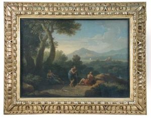 Travellers On A Bridge In An Italianate Landscape, A Castle Beyond; And Figures Conversing In A Southern Landscape (pair) by Jan Frans van Bloemen