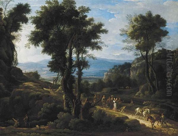 A Wooded Landscape With Travellers On A Track And Peasants Music Making - view 1