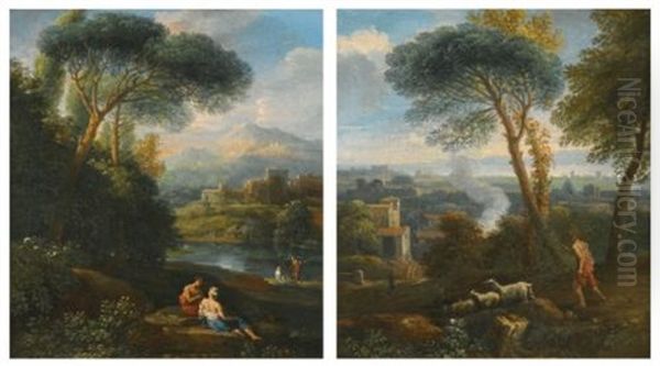 A Roman Landscape With A Shepherd And His Flock; A Roman River Landscape With Figures Resting (pair) - view 1