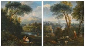 A Roman Landscape With A Shepherd And His Flock; A Roman River Landscape With Figures Resting (pair) by Jan Frans van Bloemen