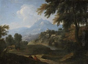 Figures Resting Before An Italianate Landscape, With A Village In The Distance And Mountains On The Horizon