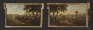 A Panoramic View Of Rome With The Campo Vaccino, Looking Towards The Church Of Santa Francesca Romana And The Remnants Of The Temple Of Castor And Pollux (+ A Panoramic View Of Rome With The Arch Of Constantine And The Colosseum; Pair) by Jan Frans van Bloemen