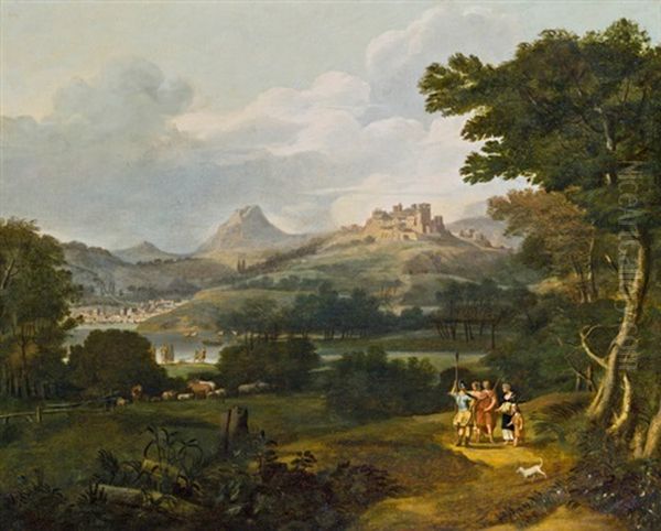 Sudliche Landschaft Mit Stadt An Einem See Und Funf Figuren - view 1