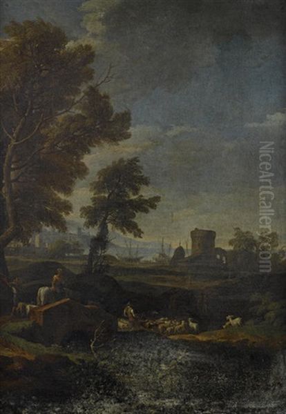 A Figure On A Country Path Before A Mountainous Landscape (+ Drovers Grazing Their Cattle, A Coastal Landscape Beyond; Pair) - view 1