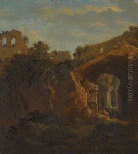 The Interior Of The Colosseum With Figures Resting Under An Archway by Jan Frans van Bloemen