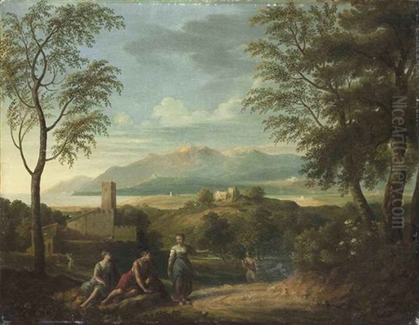 A Classical Coastal Landscape With Figures Resting In The Foreground, Mountains Beyond - view 1