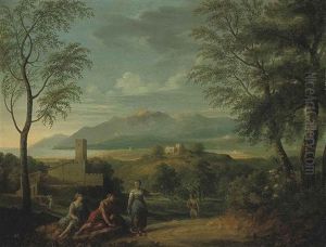 A Classical Coastal Landscape With Figures Resting In The Foreground And Mountains Beyond by Jan Frans van Bloemen