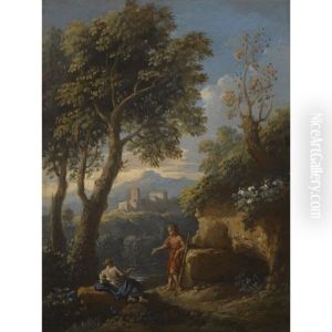 A View Of The Roman Campagna With Two Figures Conversing On A Path, A Settlement Beyond by Jan Frans van Bloemen