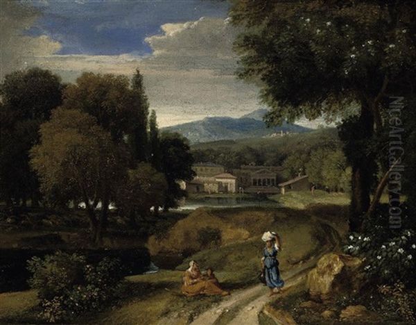 A Wooded River Landscape With Figures On A Track, Classical Buildings Beyond - view 1