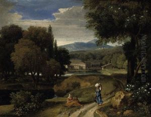 A Wooded River Landscape With Figures On A Track, Classical Buildings Beyond