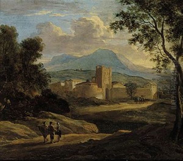 A Classical Italianate River Landscape With Figures Conversing On A Track, A Fortified Town Beyond - view 1