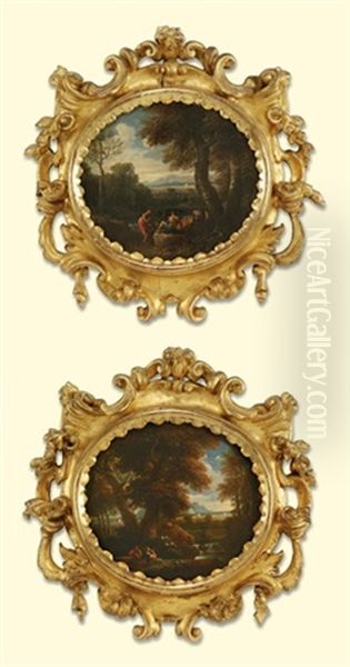 A Wooded River Landscape With Classical Figures And A Fortified Town In The Distance (+ A Wooded Landscape With Figures By A Stream; Pair) - view 1
