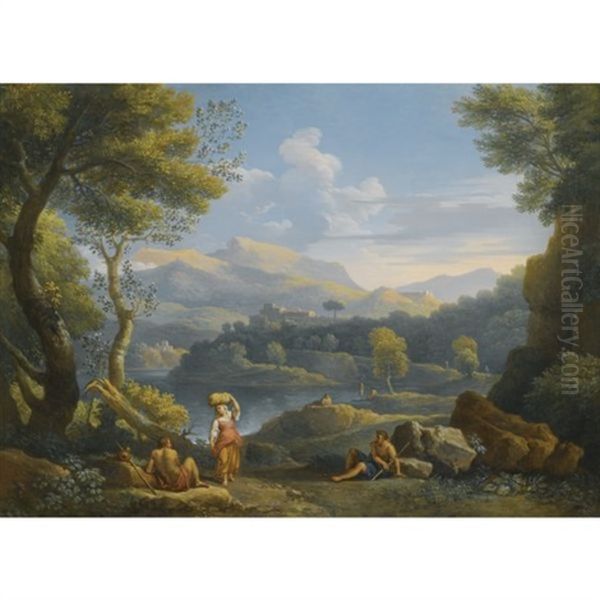 An Italianate River Landscape With Figures Resting In The Foreground And Hilltop Towns Beyond - view 1