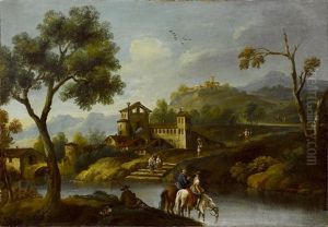 Sudliche Landschaft Mit Figurenstaffage Am Fluss by Jan Frans van Bloemen