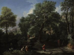An Arcadian Landscape With Figures, A Classical Temple Beyond by Jan Frans van Bloemen