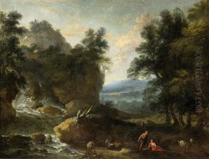 Bukolische Landschaft Mit Hirten An Einem Wasserfall by Jan Frans van Bloemen