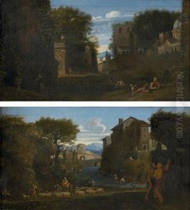 Scene Pastorale Aux Abords D'une Ville (+ Lavandieres A Une Fontaine A L'entree D'une Ville; Pair) by Jan Frans van Bloemen