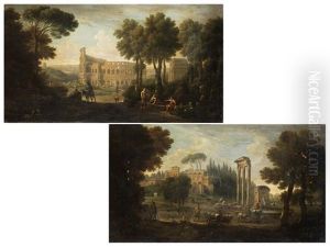 Blick Auf Das Kolosseumm In Rom (+ Blick Auf Das Forum In Rom Mit Den Saulen Des Jupitertempels Und Brunnen; Pair) by Jan Frans van Bloemen