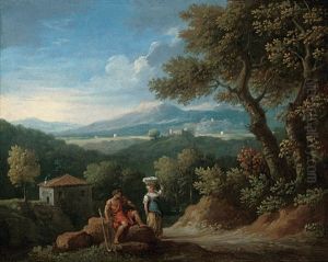 A Wooded Landscape With A Shepherd And A Washerwoman Conversing