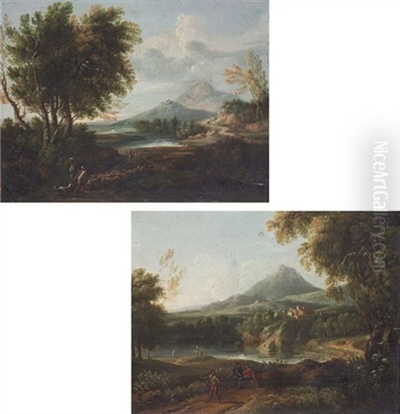 An Extensive River Landscape With A Shepherd And His Flock (+ An Extensive Lake Landscape With Figures Resting On The Bank; Pair) - view 1
