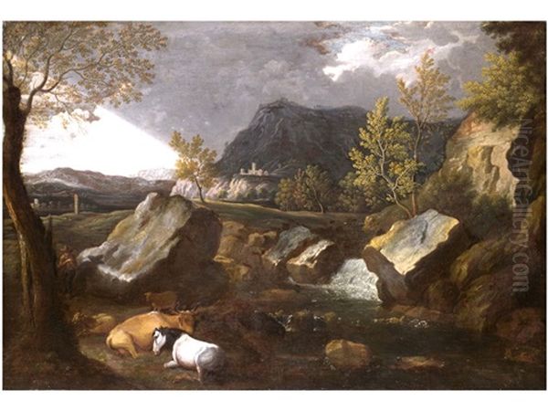 Landschaft Mit Wasserfall, Tieren Und Burgberg In Gewitterstimmung - view 1