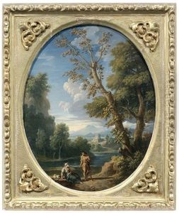 Klassische Landschaft Mit Einer Frau Und Einem Mann An Einem Flusufer by Jan Frans van Bloemen