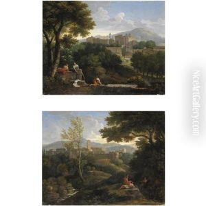 Veduta Di Un Paese Nel Lazio E Tre Figure Presso Un Fontanileveduta Dell'abbazia Di Grottaferrata (pair) by Jan Frans van Bloemen
