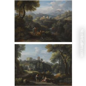 An Italianate Wooded River Landscape With Figures Resting And Conversing In The Foreground Near A Waterfall, A View Of A Hilltop Village Beyond (+an Italianate Wooded River Landscape With Figures Conv by Jan Frans van Bloemen