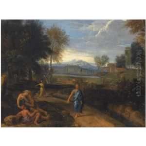 An Arcadian Landscape With Classical Figures Resting In The Foreground, Other Figures On A Path, A View Of A Village Beyond An Arcadian Landscape With Classical Figures Resting In The Foreground, Other Figures On A Path, A View Of A Village Beyond