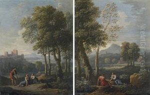 A Mountainous Landscape With A Man And A Woman Seated Beneath A Tree (+ Figures Resting By A Stream; Pair) A Mountainous Landscape With A Man And A Woman Seated Beneath A Tree (+ Figures Resting By A Stream; Pair)