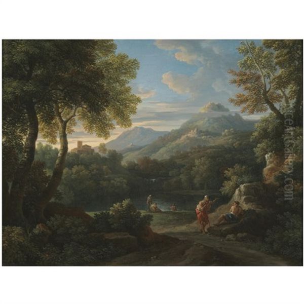 An Italianate Landscape With Figures Conversing Before A Lake, Mountains Beyond - view 1