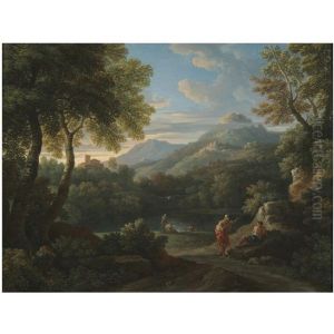 An Italianate Landscape With Figures Conversing Before A Lake, Mountains Beyond by Jan Frans van Bloemen