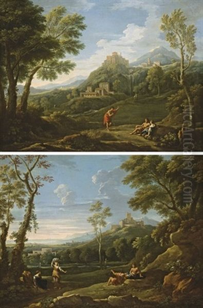 Trois Personnages Dans Un Paysage Classique Montagneux Domine Par Un Village Fortifie Sur Une Colline (+ Paysage Classique Montagneux Avec Des Paysans Au Repos; Pair) - view 1