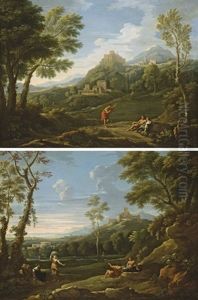 Trois Personnages Dans Un Paysage Classique Montagneux Domine Par Un Village Fortifie Sur Une Colline (+ Paysage Classique Montagneux Avec Des Paysans Au Repos; Pair) by Jan Frans van Bloemen