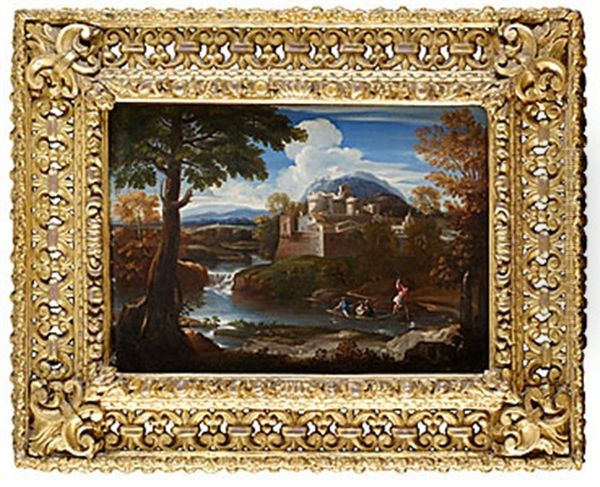 Italiserande Landskap Med Figurer I Bat - view 1