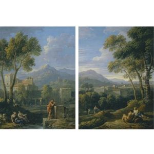 An Italianate Landscape With Two Women Reclining By A Stream And A Man Leaning Against A Block Of Stone Before A Hilltop Town (+ An Italianate Landscape With Reclining Classical Figures Before A Hillt by Jan Frans van Bloemen