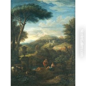 An Italianate Landscape With Shepherds Resting With Their Flock By A Stream by Jan Frans van Bloemen