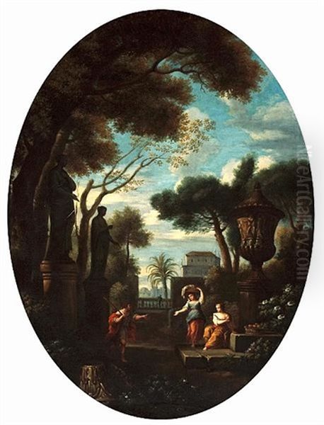 Figures In A Garden In A Classical Landscape (+ Another; Pair) - view 1