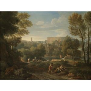 A View Of The Roman Campagna With The Colosseum Beyond by Jan Frans van Bloemen